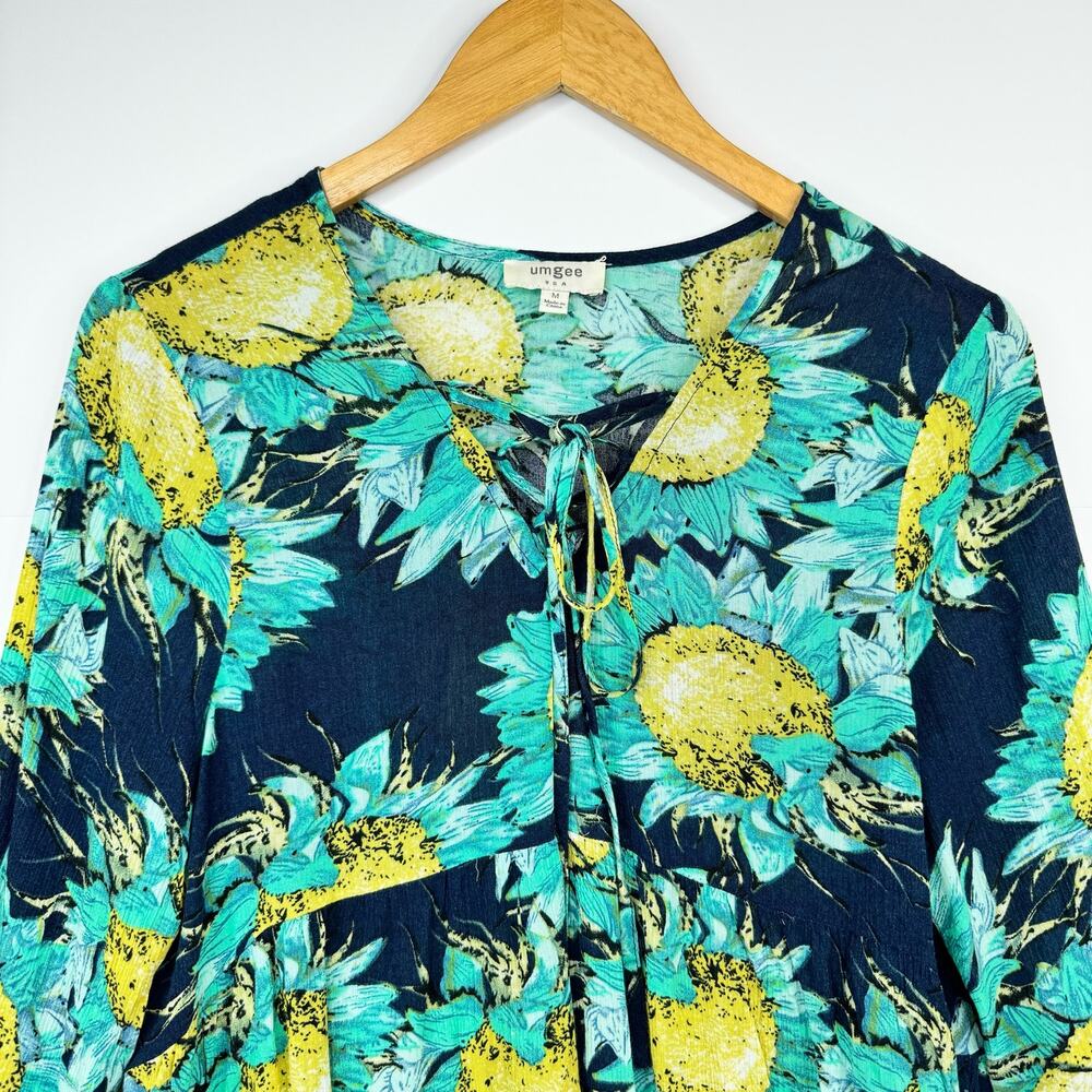 Umgee Teal Sunflower High Low Blouse Top Bell Sleeve Tie Neck Lightweight Medium - Picture 3 of 7